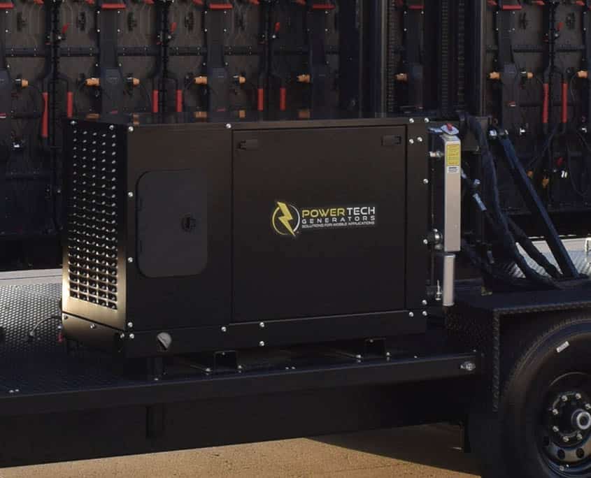 powertech generator onboard the MAX 2313 mobile led screen trailer for sale and rent by insane impact